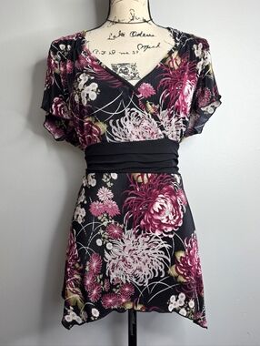 Dressbarn Plissé Floral Flutter Sleeve Blouse Faux Wrap Top 2X Gothic Y2K